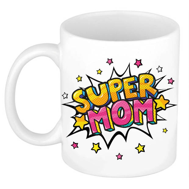 Cadeau beker Super mom pop art + beertje met hartje - Moederdag/ Moeder cadeautje - feest mokken