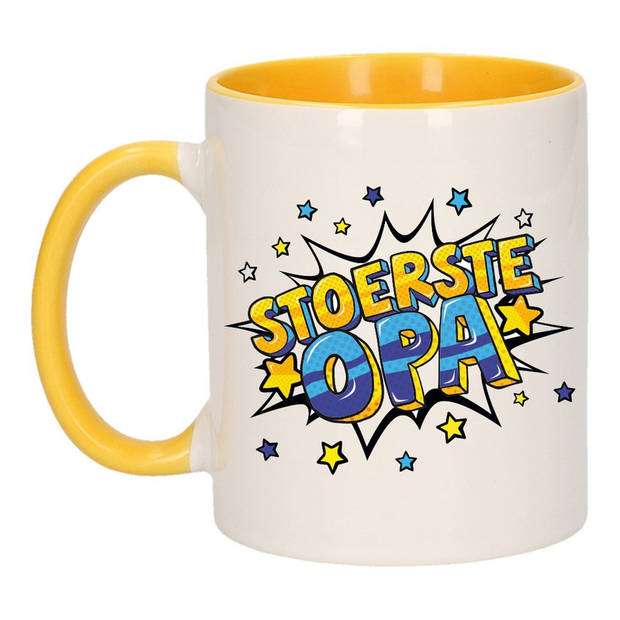 Stoerste opa cadeau mok / beker wit en geel met sterren 300 ml - feest mokken