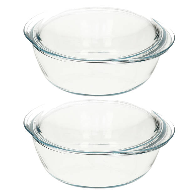 2x Ovenschalen/braadslede 3 liter rond met deksel 22 x 13 x 5 cm - Ovenschalen