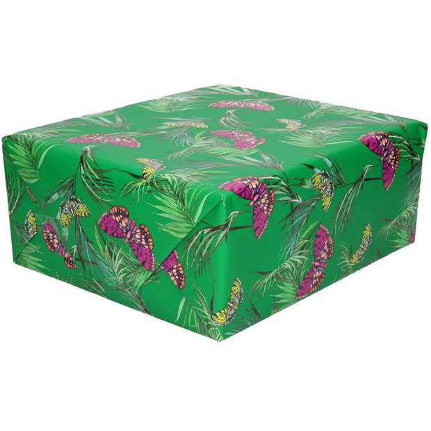 Rollen Groen cadeaupapier met paarse vlinder print 70 x 200 cm - Cadeaupapier