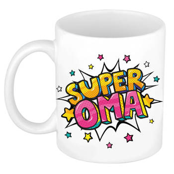 Super oma bedank mok / cadeaubeker wit met sterren 300 ml - feest mokken