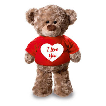 Pluche knuffel teddybeer 24 cm met I Love You hartje t-shirt - Knuffelberen