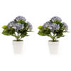 2x Blauwe kunstplant Hortensia plant in pot - Kunstplanten