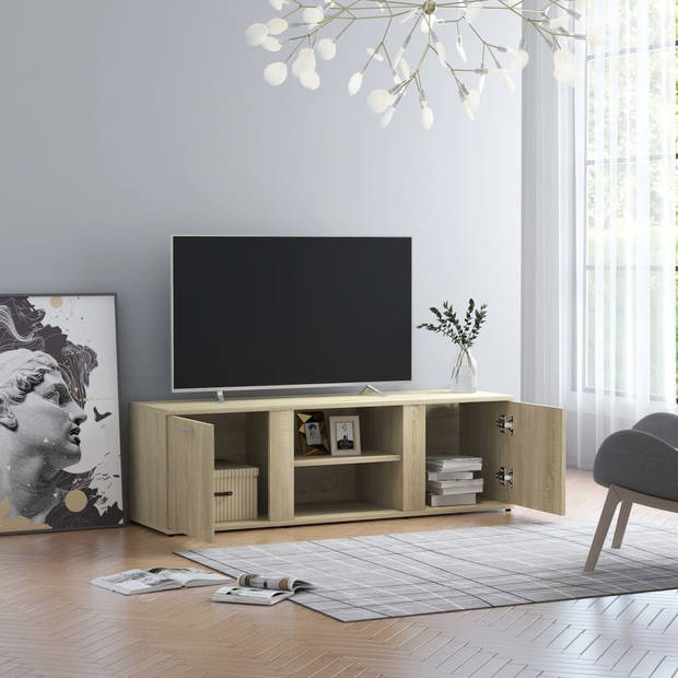 The Living Store TV-meubel Hout - 120x34x37 cm - Klassiek design - Sonoma Eiken - 2 deuren en 2 open vakken - Montage