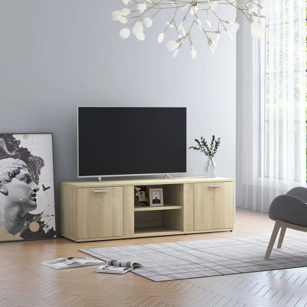 The Living Store TV-meubel Hout - 120x34x37 cm - Klassiek design - Sonoma Eiken - 2 deuren en 2 open vakken - Montage