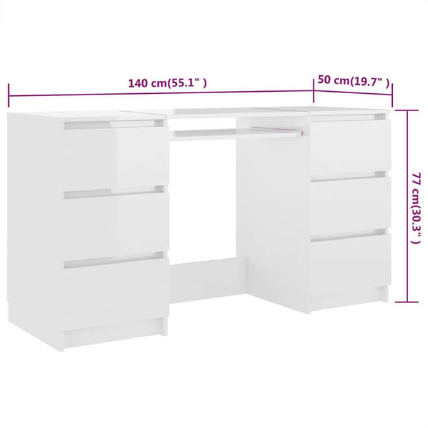 The Living Store Schrijftafel Bureau - 140 x 50 x 77 cm - Hoogglans Wit - 6 lades