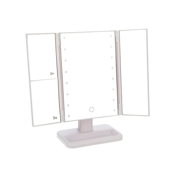 Gerimport - Staande LED Spiegel met 16x LED - Met 2x en 3x zoom - Make-up spiegel - 18x11x29cm - Wit