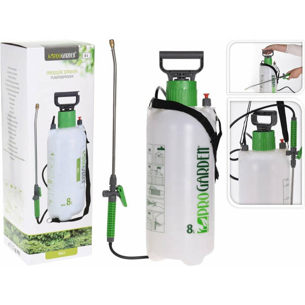 Pro Garden Drukspuit - 8 liter - met pomp - kunststof - wit/groen - plantenspuit/druksproeier - Plantenspuiten