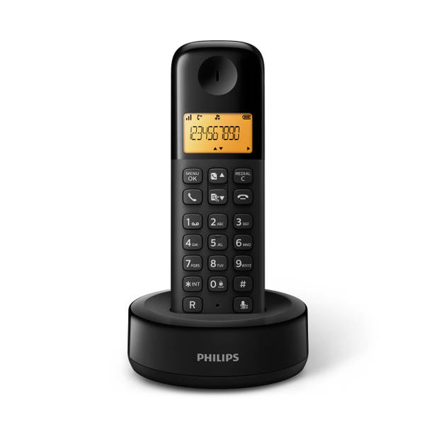 Philips D1601B - Draadloze DECT-telefoon met 1 handset, groot display (4,1 cm) en nummerherkenning - Zwart