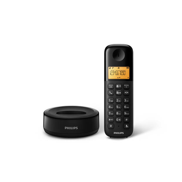 Philips D1601B - Draadloze DECT-telefoon met 1 handset, groot display (4,1 cm) en nummerherkenning - Zwart