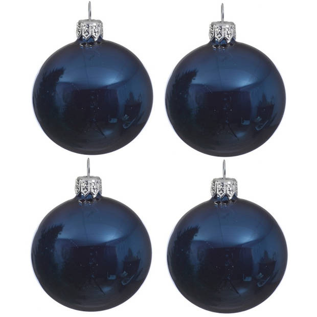 Decoris kerstballen - 4x st - donkerblauw - D10 cm - glas - glans - Kerstbal