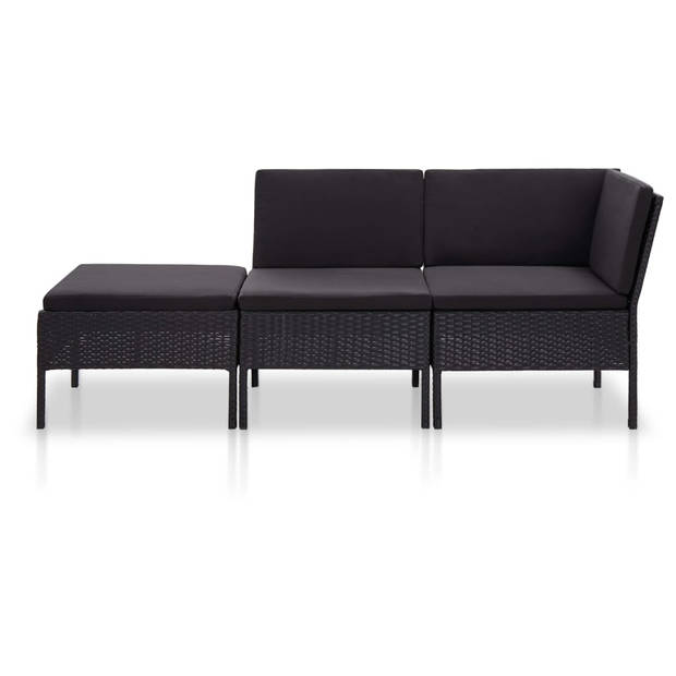 vidaXL 3-delige Loungeset met kussens poly rattan zwart