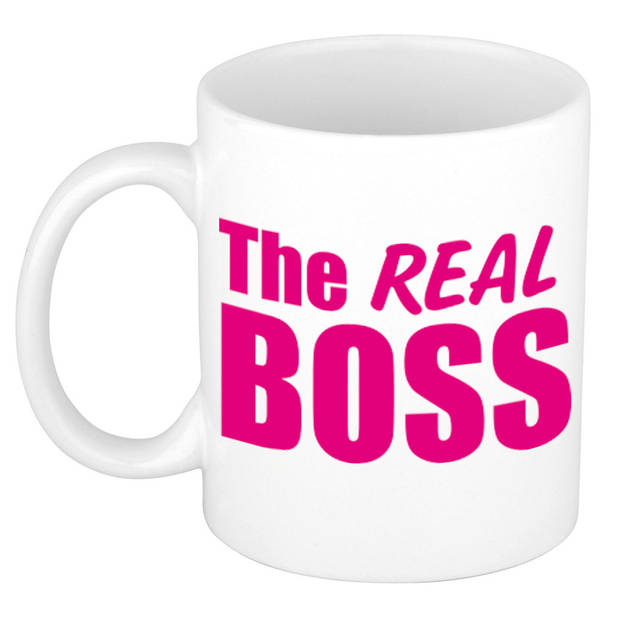 The real boss en the boss cadeau mok / beker wit met roze / blauwe blokletters 300 ml - feest mokken