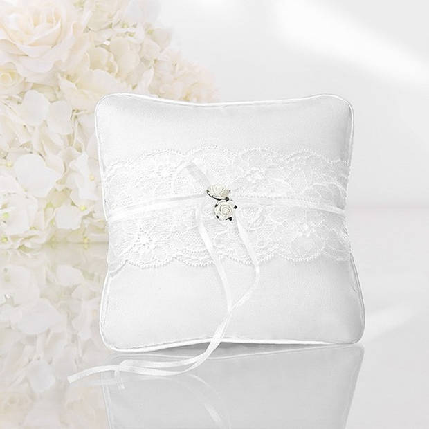 Bruiloft/Huwelijk trouwringen kussen met witte roosjes - Feestdecoratievoorwerp