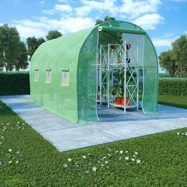 The Living Store Tuinkas - Groen PE Mesh - 3.43 x 2 x 2 m - Robuust Gegalvaniseerd Staalframe - Met 6 zijramen en 1