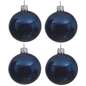 4x Glazen kerstballen glans donkerblauw 10 cm kerstboom versiering - Kerstbal