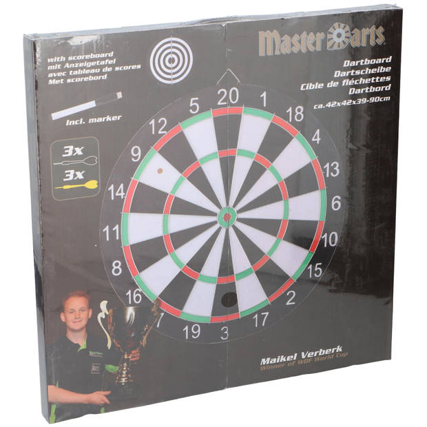 Master Darts Dartbord - met 6 pijltjes, kartonnen scorebord en marker - 41cm