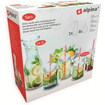 Alpina karaf met drinkglazen glas 420 ml / 1 liter 5-delig
