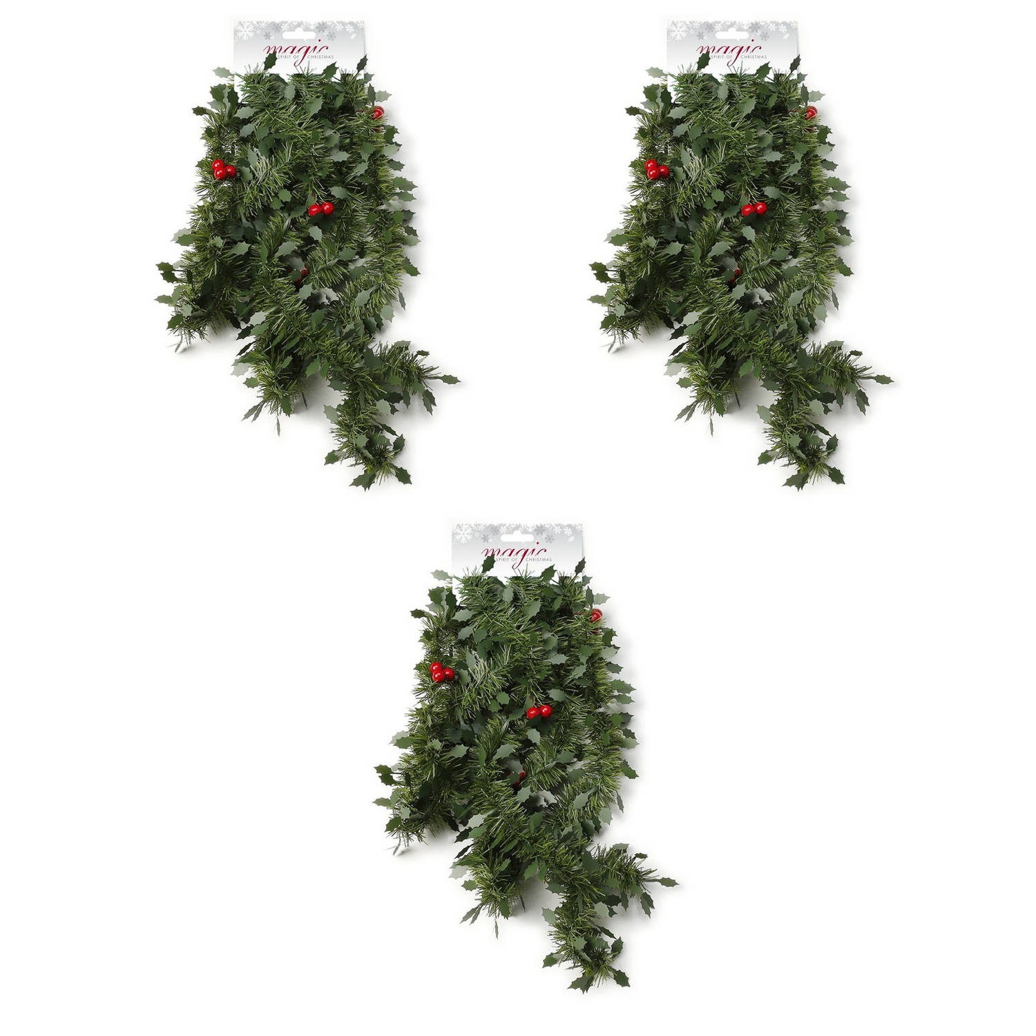 3x Groene kerst slingers/guirlande met rode versiering 270 cm