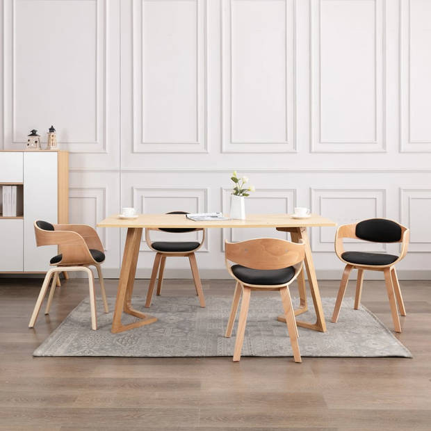 The Living Store Eetkamerstoelen - Set van 4 - Kunstleer - Gebogen hout - Ergonomisch ontwerp - Zwart - 49x51.5x71.5cm