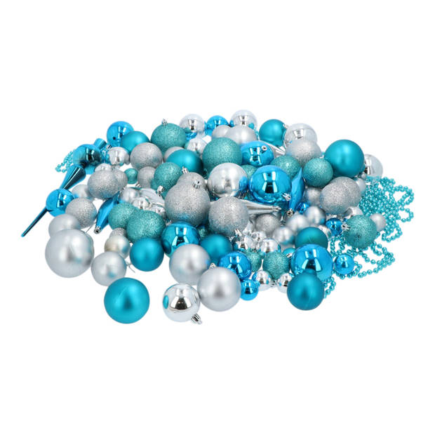 Kunststof Kerstballen set 130 ballen piek en parelsnoer - Blauw/Zilver