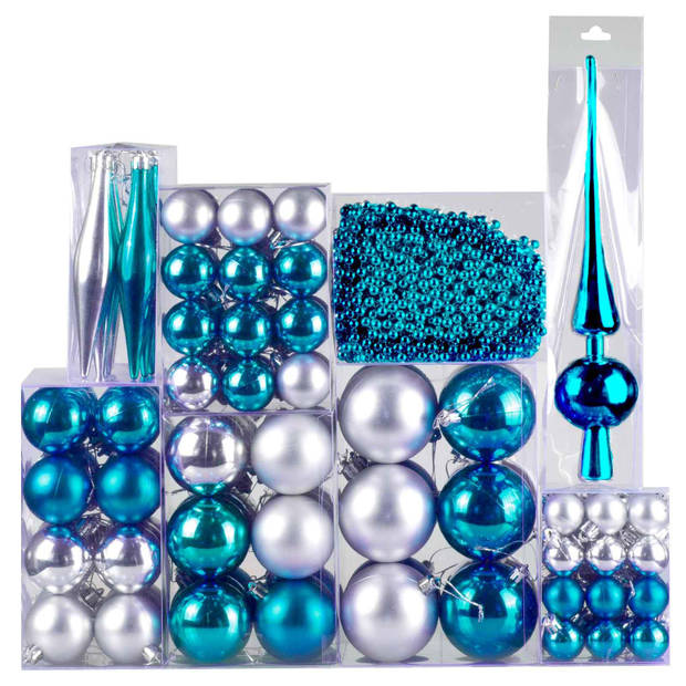 Kunststof Kerstballen set 130 ballen piek en parelsnoer - Blauw/Zilver