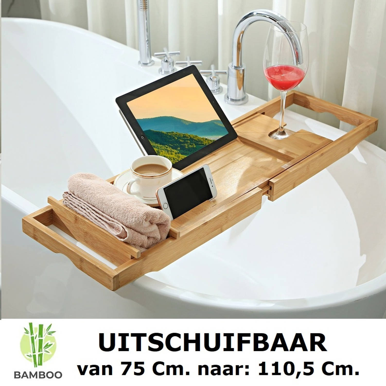 vluchtelingen Monica Stuiteren Verstelbaar bamboe badrekje voor over bad - 75 tot 110 cm lang | Blokker
