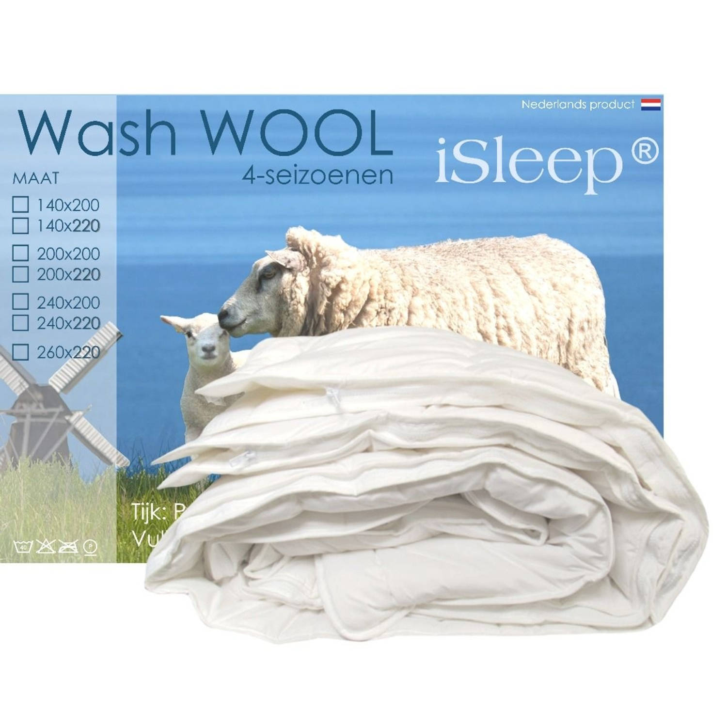Isleep Wash Wool Dekbed - 4-Seizoenen - 100% Zuiver Scheerwol - Litsjumeaux - 240x200 cm - Wasbaar - Met Rits