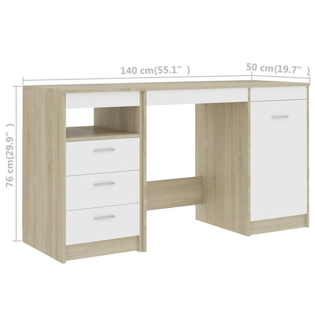 vidaXL Bureau 140x50x76 cm spaanplaat wit en sonoma eikenkleurig