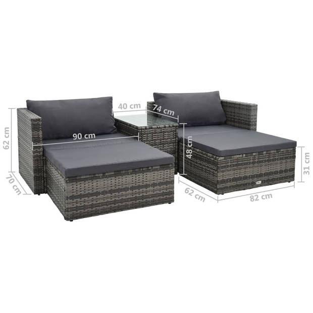 vidaXL 5-delige Loungeset met kussens poly rattan grijs