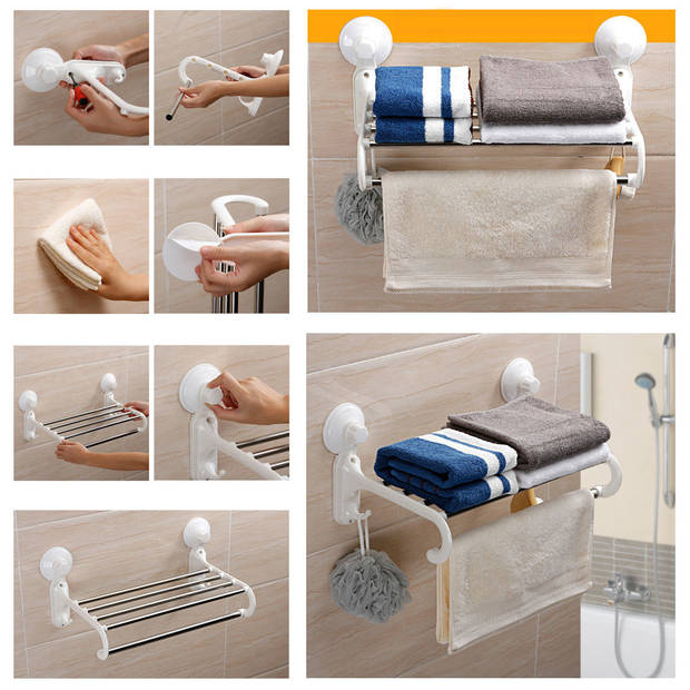Zelfklevend Handdoekenrek Legplank, Hang stang en 2 Ophang Haken -