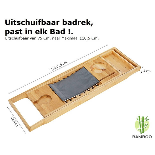 Verstelbaar bamboe badrekje voor over bad - 75 tot 110 cm lang