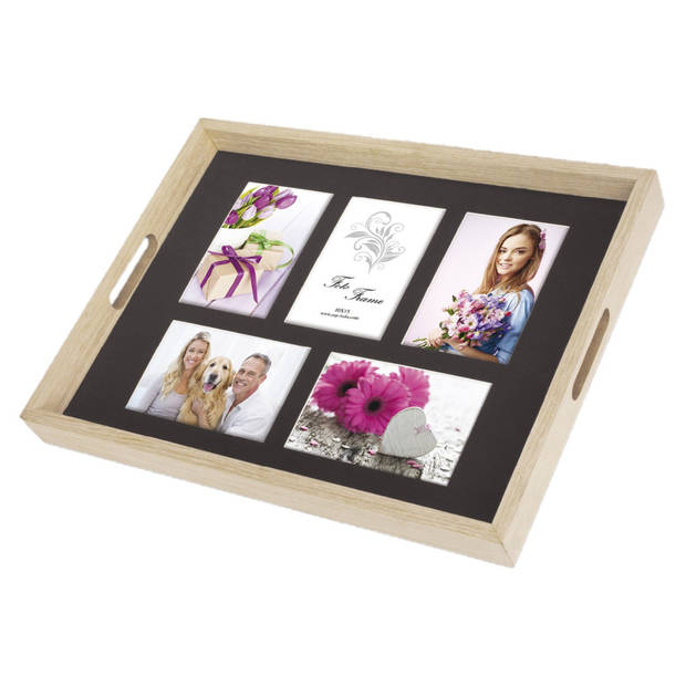 2x stuks houten foto dienblad beige 45 x 35 cm geschikt voor 5 foto van 10 x 15 cm - Dienbladen