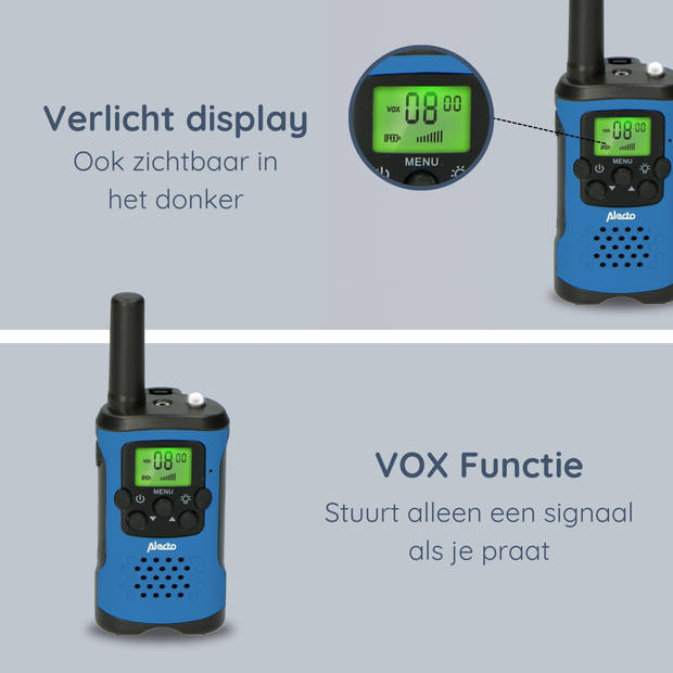 Walkie talkie set 2 stuks voor kinderen,tot 7 kilometer bereik Alecto FR-115BW Blauw-Zwart