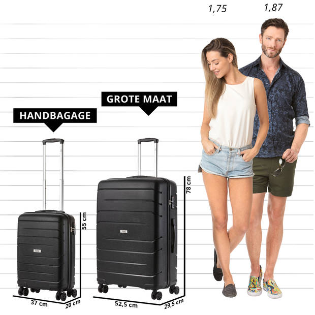 TravelZ Big Bars Kofferset 2-delig Handbagage 55cm + Grote reiskoffer 78cm Zwart