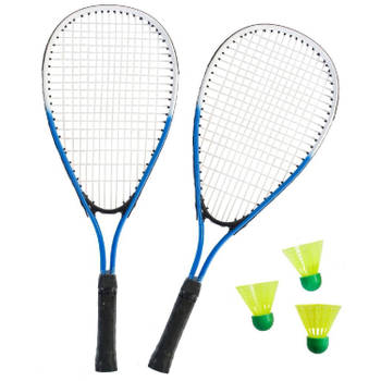 Sterke badminton set blauw/wit met 3 shuttles en opbergtas - Badmintonsets
