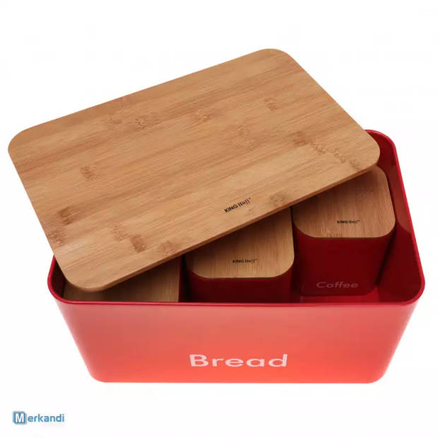 Kinghoff 1085 - Broodtrommel set - Rood - Rvs met hout - 35x23x18,5 cm