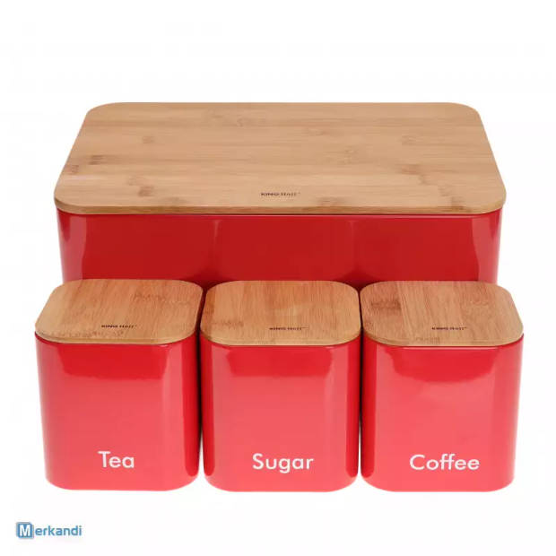 Kinghoff 1085 - Broodtrommel set - Rood - Rvs met hout - 35x23x18,5 cm