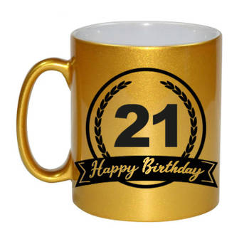 Happy Birthday 21 years met wimpel cadeau koffiemok / theebeker goud 330 ml - feest mokken