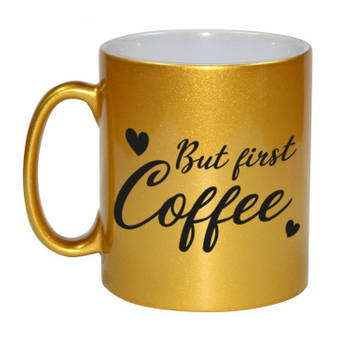But first coffee cadeau koffiemok / theebeker goud met hartjes 330 ml voor koffieliefhebber - feest mokken