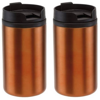 2x Dubbelwandige thermobekers metallic oranje 290 ml - Thermosbeker