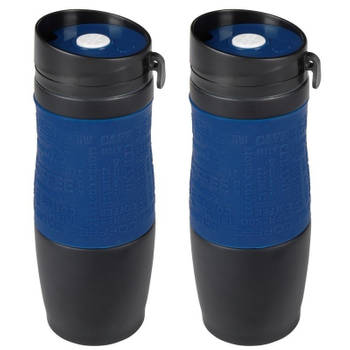 2x Dubbelwandige thermobekers donkerblauw/zwart 380 ml - Thermosbeker