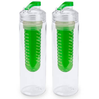 2x Drinkfles/waterfles tranparant met groen fruit filter 700 ml - Drinkflessen