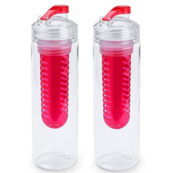 2x Drinkfles/waterfles tranparant met rood fruit filter 700 ml - Drinkflessen