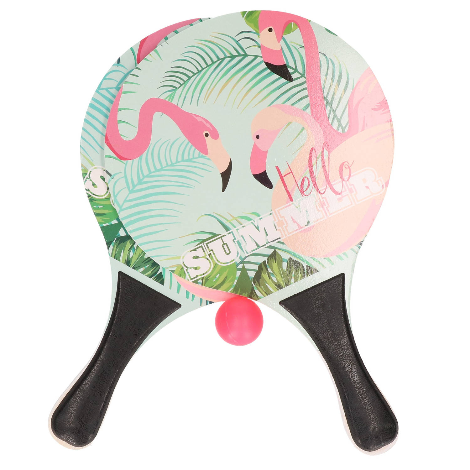 Zwarte Beachball Set Met Flamingoprint Buitenspeelgoed Houten Beachballset Rackets-batjes En Bal Ten