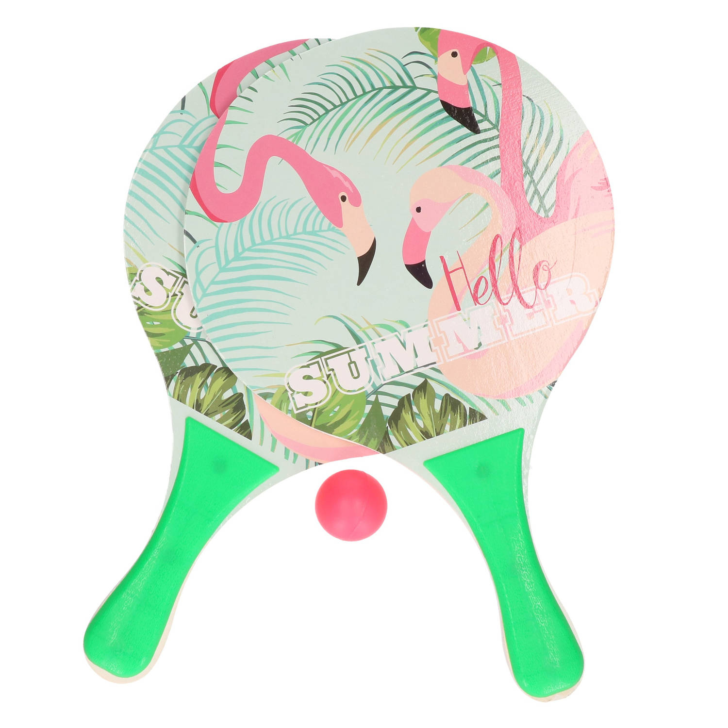 Groene Beachball Set Met Flamingoprint Buitenspeelgoed Houten Beachballset Rackets-batjes En Bal Ten