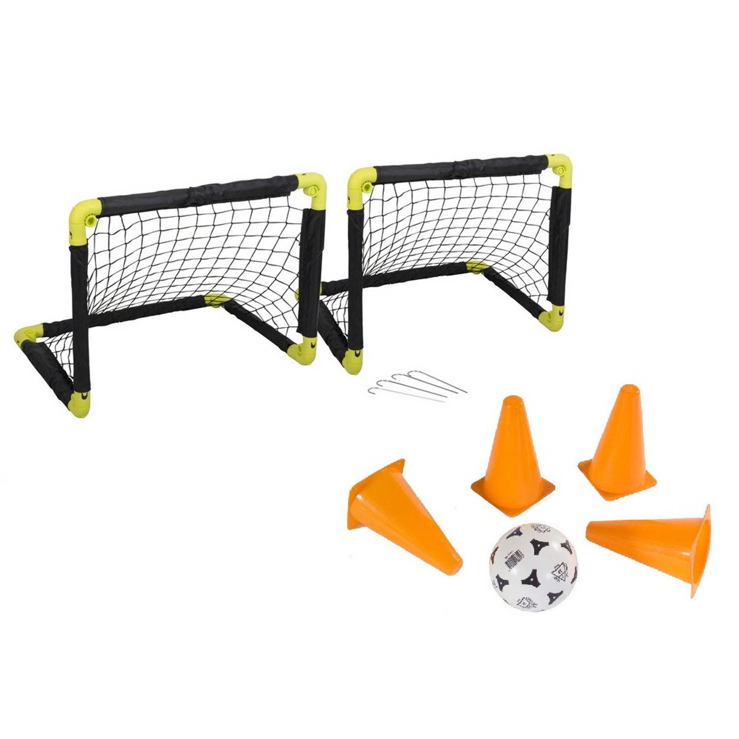 Voetbal set 2x Opvouwbare voetbaldoelen 50 cm 1x voetbal 4x pionnen 17,5 cm Buitenspeelgoed