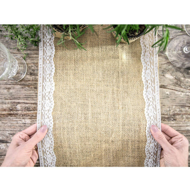 Jute tafellopers 28 x 275 cm met wit kant - Thema antiek/romantisch - Tafeldecoratie versieringen