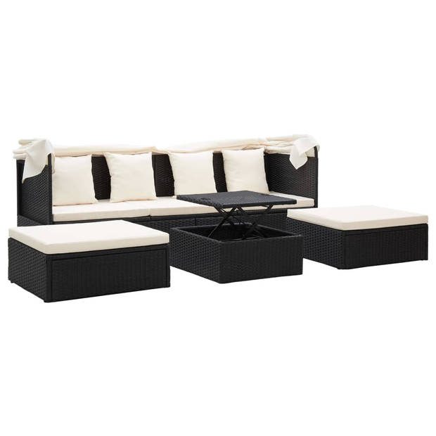 The Living Store Loungebed - Zwart PE-rattan - 200x60x124 cm - Met tafel en voetenbanken