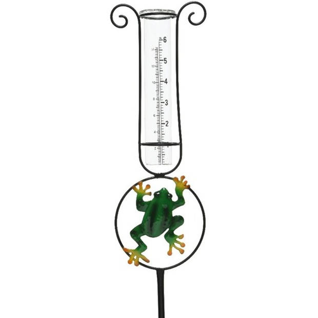 Metalen regenmeter tuindecoratie 33 cm metaal/glas met kikker - Regenmeters